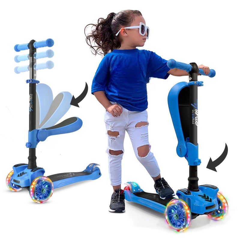Hurtle 3-Wheeled Scooter for Kids - Wheel LED Lights, Adjustable Lean-to-Steer Handlebar, and Foldable Seat - Sit or Stand Ride with Brake for Boys and Girls Ages 1-14 Years Old - Blue - Image 1