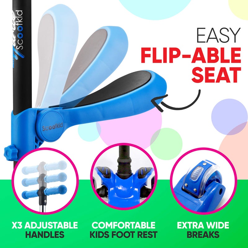 Hurtle 3-Wheeled Scooter for Kids - Wheel LED Lights, Adjustable Lean-to-Steer Handlebar, and Foldable Seat - Sit or Stand Ride with Brake for Boys and Girls Ages 1-14 Years Old - Blue - Image 3