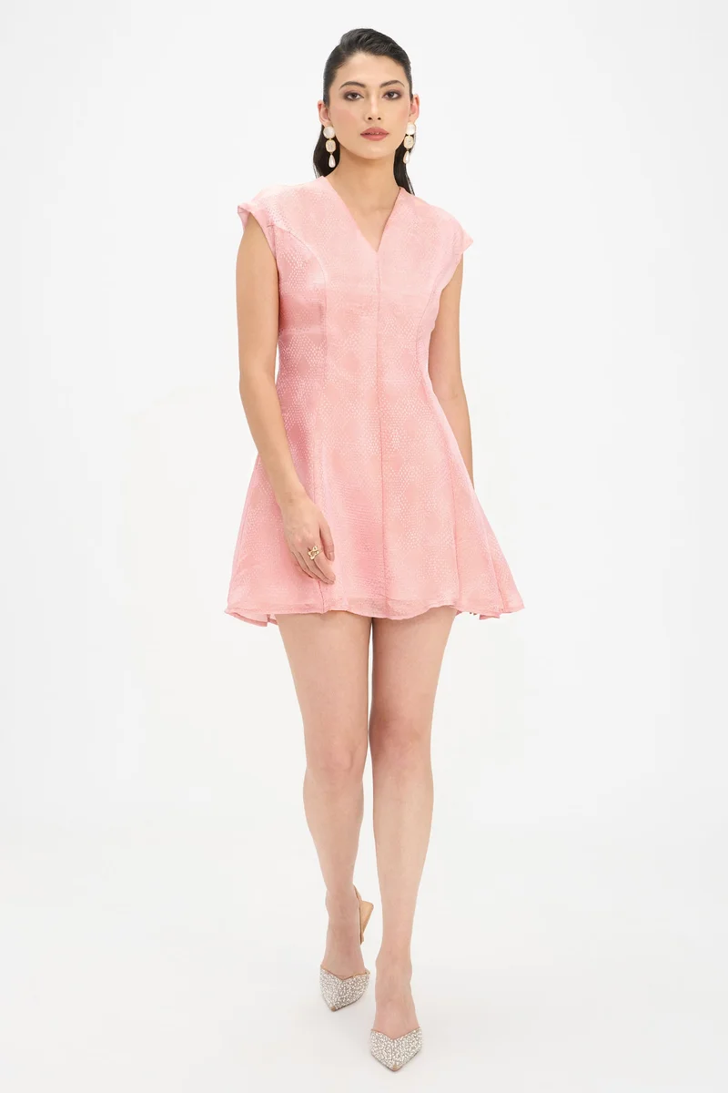 Virgio Self Design Viscose Extended Shoulder Mini Dress for Women