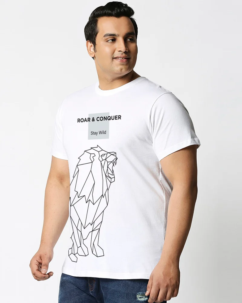 بيواكوف Men's White Stay Wild Graphic Printed Plus Size T-shirt