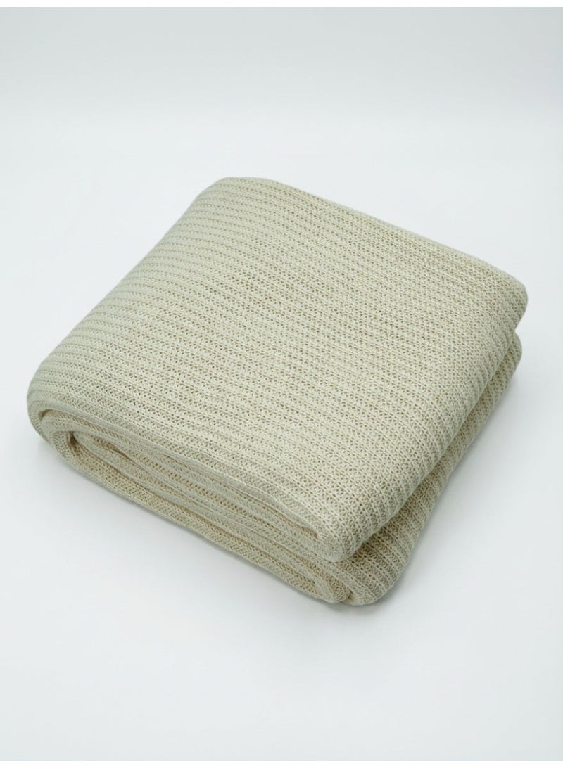 Ambrosia 130 x 160 cm Cozy Cotton Knitted Throw Beige Blanket for Couch and Bed, Premium 400GSM Soft Breathable Boho Decorative Runner Cover Travel Picnic Mat - Image 1
