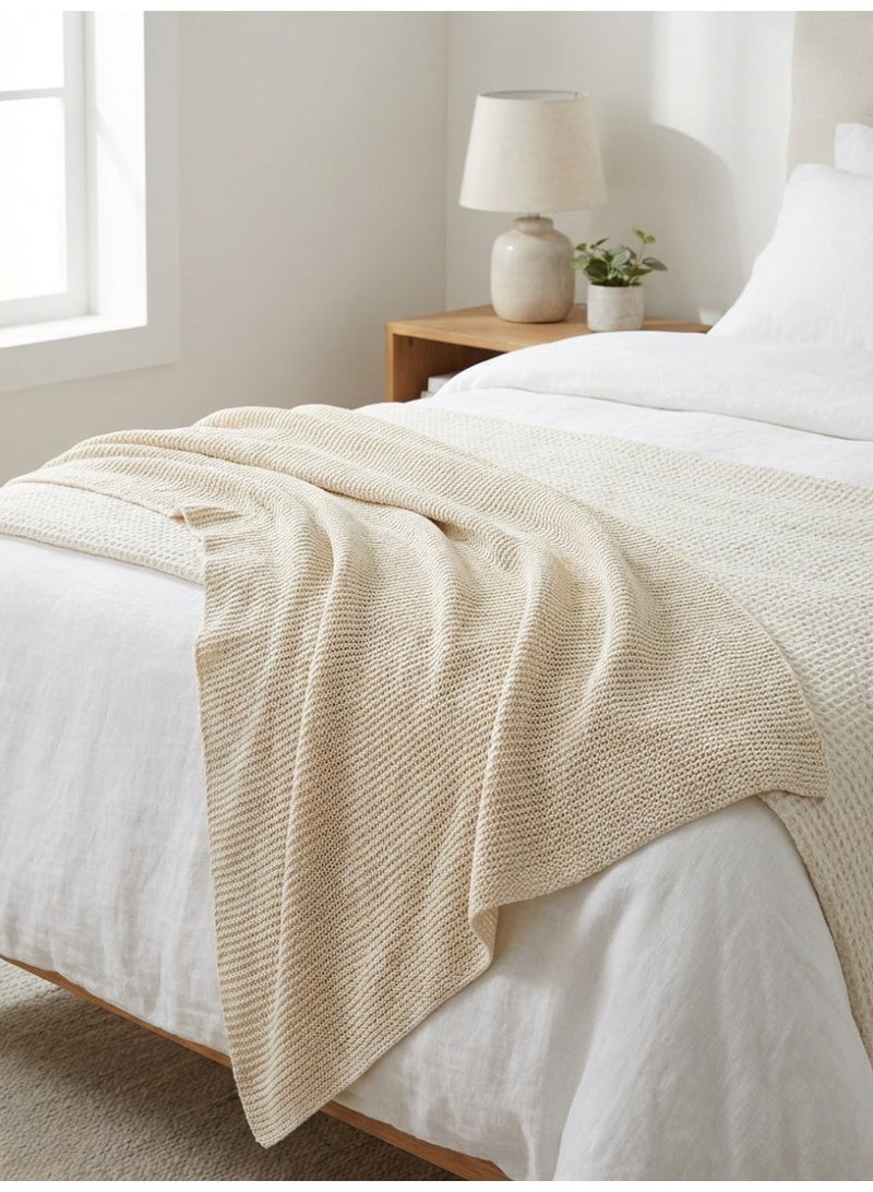 Ambrosia 130 x 160 cm Cozy Cotton Knitted Throw Beige Blanket for Couch and Bed, Premium 400GSM Soft Breathable Boho Decorative Runner Cover Travel Picnic Mat - Image 3