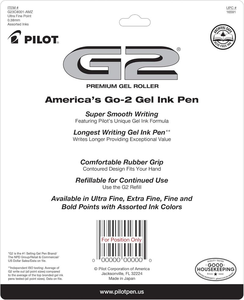 PILOT أقلام جيل رولر G2 المميزة، نقطة فائقة الدقة 0.38 مم، عبوة من 8، أسود وأزرق - Image 2