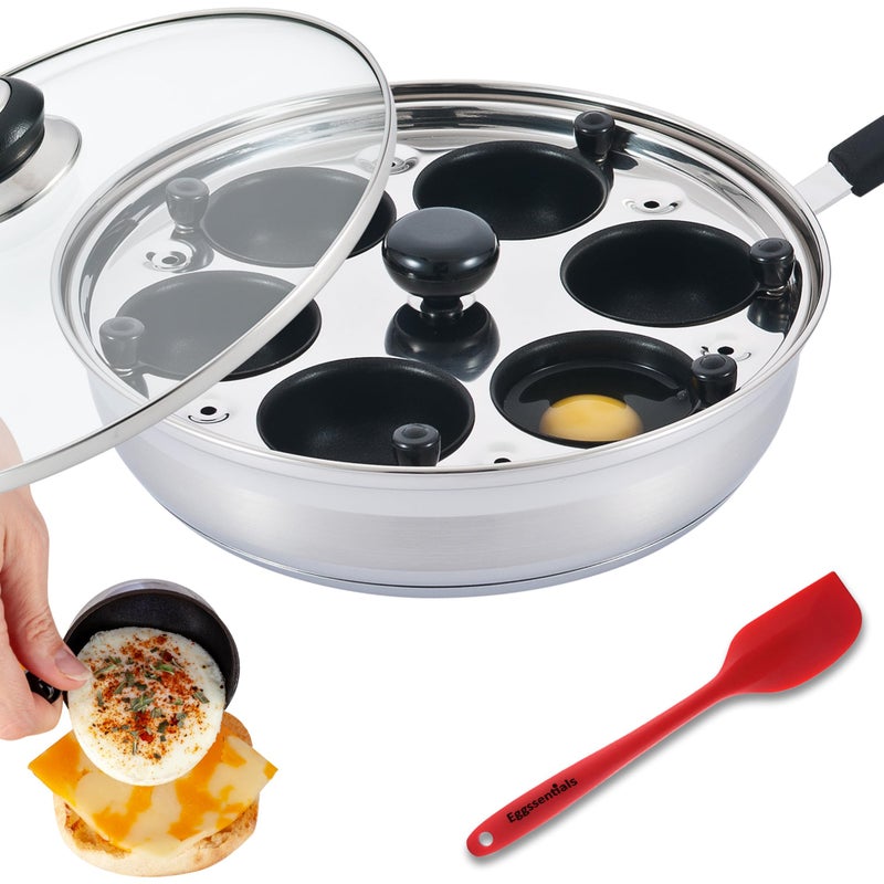 Eggssentials Egg Poacher Pan Nonstick Poached Egg Maker Stainless Steel Egg Poaching Pan Poached Eggs Cooker Food Grade Safe PFOA Free with Spatula Egg Poachers Cookware - Image 1