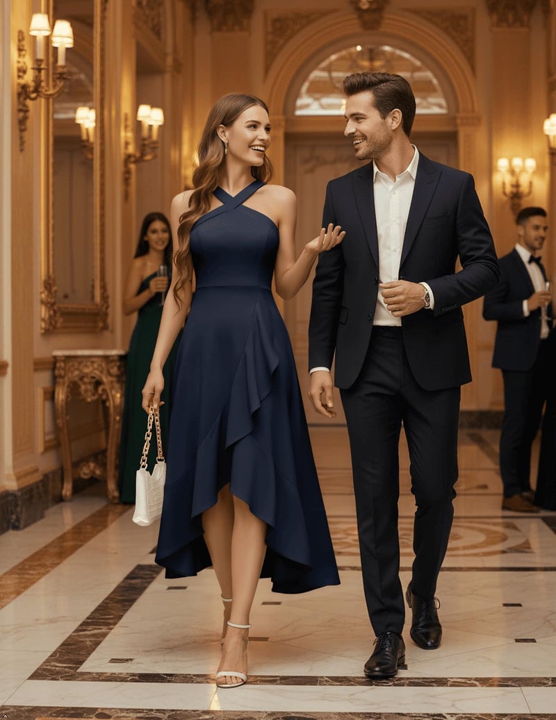 Bbonlinedress Women Halter Cocktail Dress Prom Wedding Bridesmaid Formal Guest Ruffled Graduation Evening Party Homecoming Dress Navy L - Image 5
