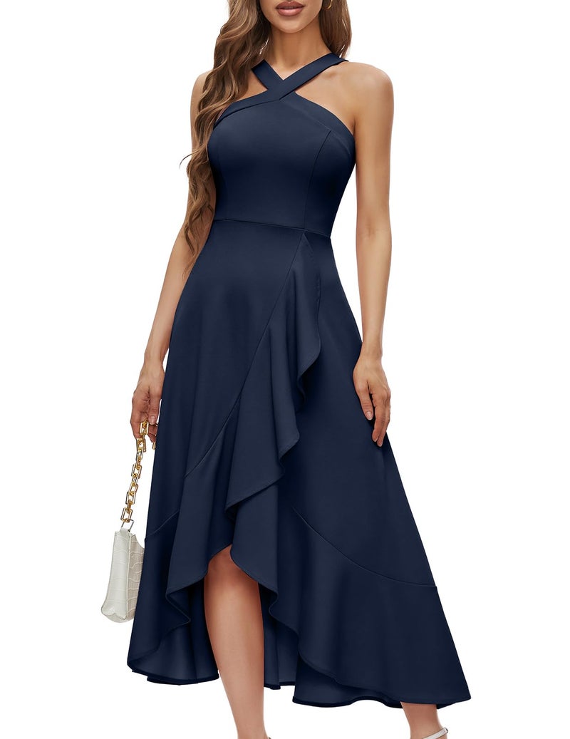 Bbonlinedress Women Halter Cocktail Dress Prom Wedding Bridesmaid Formal Guest Ruffled Graduation Evening Party Homecoming Dress Navy L - Image 1
