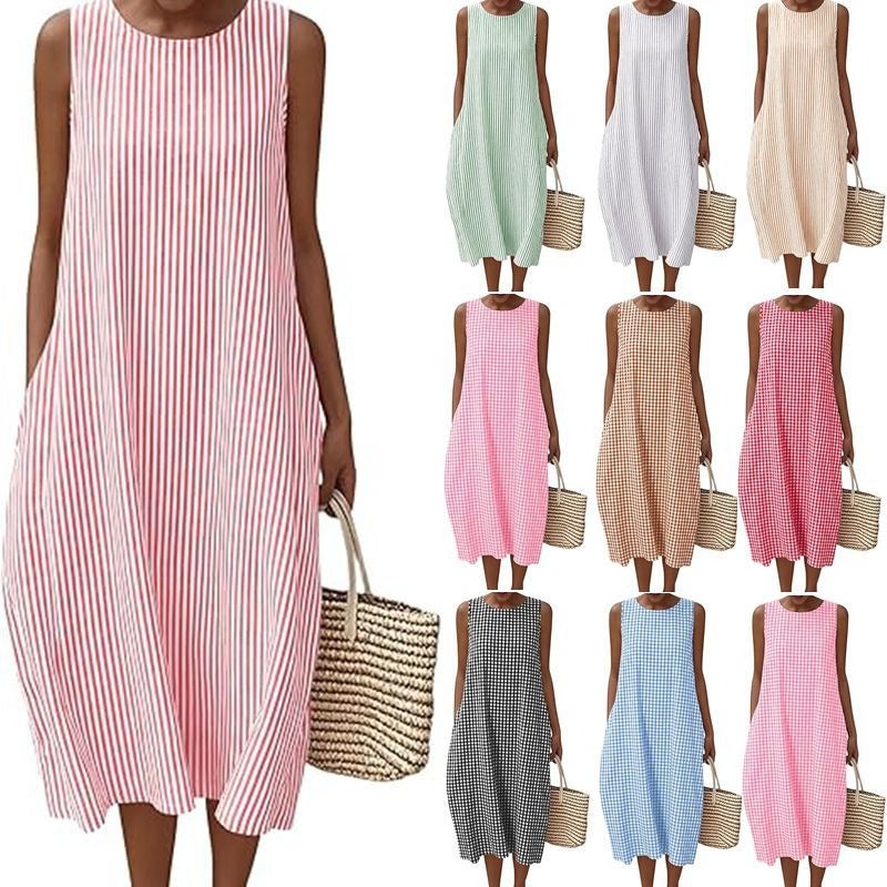 European and American Women's Fashion: Striped and Plaid Pocket Dress - Image 2