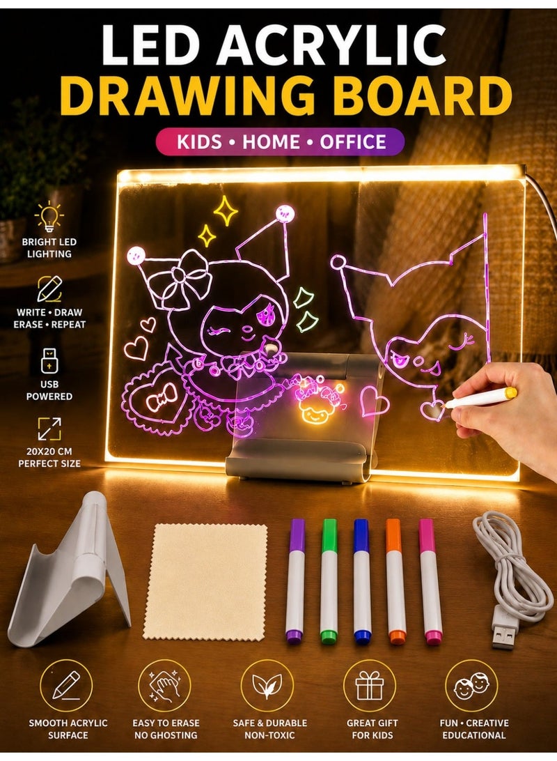 Eworld LED Acrylic Drawing Board for Kids, USB Powered Reusable Drawing & Writing Board with LED Light, Acrylic Tracing Board, Erasable Message Board, 5 Color Markers, Stand, Cleaning Cloth & USB Cable, DIY Educational Drawing Toy, Home Office Decor, Gift, 20 × 20 cm - Image 1