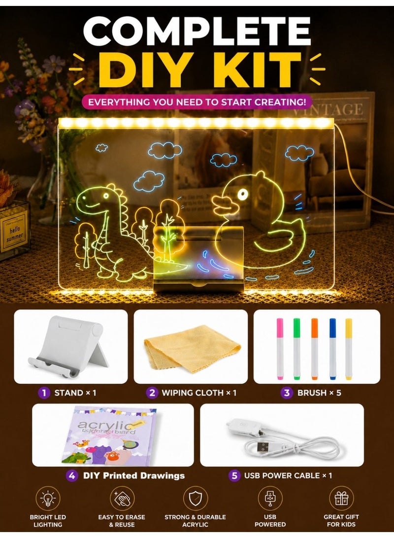 Eworld LED Acrylic Drawing Board for Kids, USB Powered Reusable Drawing & Writing Board with LED Light, Acrylic Tracing Board, Erasable Message Board, 5 Color Markers, Stand, Cleaning Cloth & USB Cable, DIY Educational Drawing Toy, Home Office Decor, Gift, 20 × 20 cm - Image 2