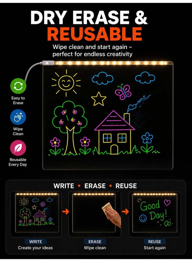 Eworld LED Acrylic Drawing Board for Kids, USB Powered Reusable Drawing & Writing Board with LED Light, Acrylic Tracing Board, Erasable Message Board, 5 Color Markers, Stand, Cleaning Cloth & USB Cable, DIY Educational Drawing Toy, Home Office Decor, Gift, 20 × 20 cm - Image 3