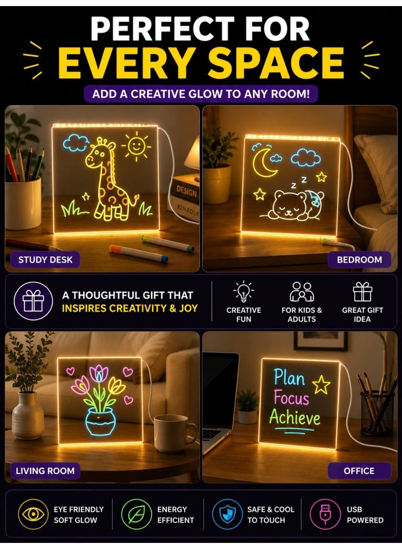 Eworld LED Acrylic Drawing Board for Kids, USB Powered Reusable Drawing & Writing Board with LED Light, Acrylic Tracing Board, Erasable Message Board, 5 Color Markers, Stand, Cleaning Cloth & USB Cable, DIY Educational Drawing Toy, Home Office Decor, Gift, 20 × 20 cm - Image 5