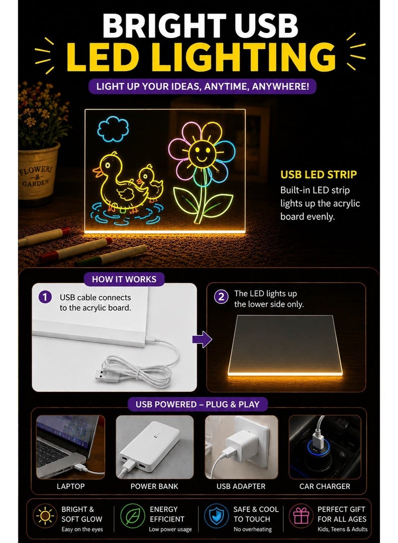 Eworld LED Acrylic Drawing Board for Kids, USB Powered Reusable Drawing & Writing Board with LED Light, Acrylic Tracing Board, Erasable Message Board, 5 Color Markers, Stand, Cleaning Cloth & USB Cable, DIY Educational Drawing Toy, Home Office Decor, Gift, 20 × 20 cm - Image 4