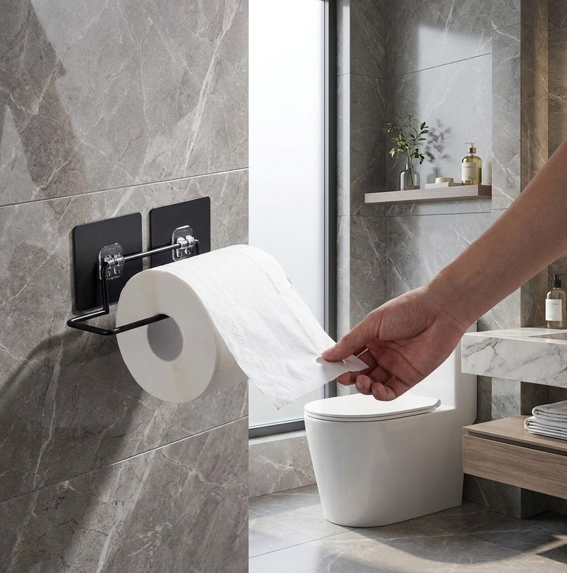 Dunekart Self Adhesive Toilet Paper Holder Stand, No Drill Wall Mount Stainless Steel Tissue Roll Hanger, Bathroom Accessories Organizer - Black (Pack of 1) - Image 3