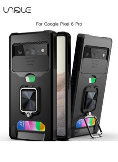 Unique For Google Pixel 6 Pro Case with Slide Camera Cover & Card Holder Slot，Google Pixel 6 Pro 5G Case with Wireless Charging Support, Wallet Case with 360° Ring Kickstand (Black)  - Image 1