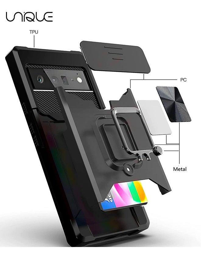 Unique For Google Pixel 6 Pro Case with Slide Camera Cover & Card Holder Slot，Google Pixel 6 Pro 5G Case with Wireless Charging Support, Wallet Case with 360° Ring Kickstand (Black)  - Image 2