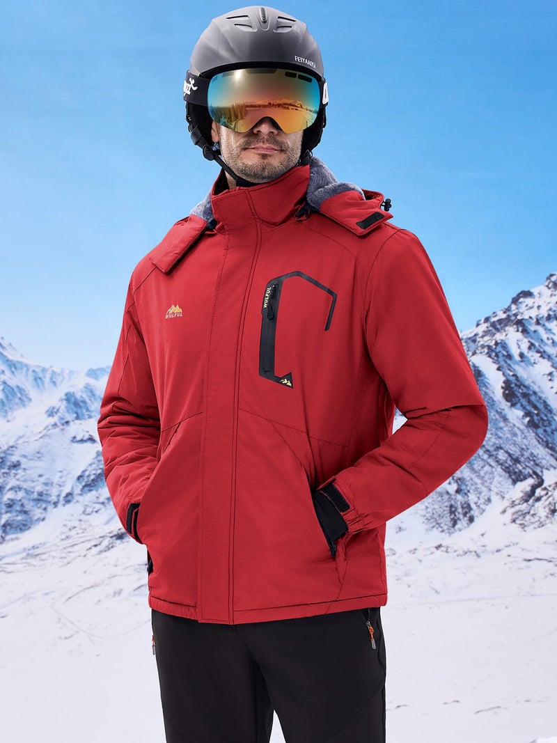 WULFUL Men's Ski Jackets Warm Winter Snow Windbreaker Resistant Snowboard Fleece Coat Mountain Waterproof Parka with Hood Red X-Large - Image 3
