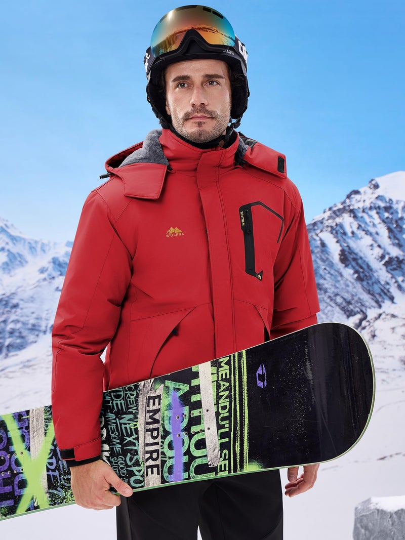 WULFUL Men's Ski Jackets Warm Winter Snow Windbreaker Resistant Snowboard Fleece Coat Mountain Waterproof Parka with Hood Red X-Large - Image 2