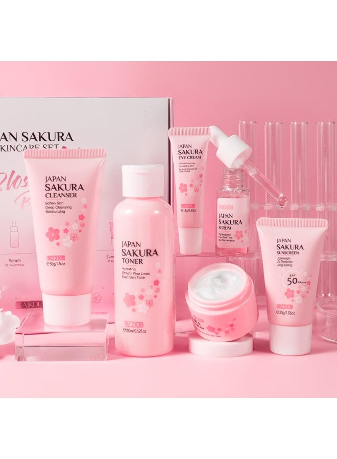 LAIKOU Skincare Gift Set for Teenage Girls, JAPAN SAKURA Skin Care Sets & Kits Gift Set for Women with Cleanser,Toner,Serum,Eye Cream,Face Cream,Sunscreen for Pores, Moisturizing Travel Kit 6pcs - Image 1