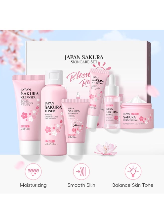 LAIKOU Skincare Gift Set for Teenage Girls, JAPAN SAKURA Skin Care Sets & Kits Gift Set for Women with Cleanser,Toner,Serum,Eye Cream,Face Cream,Sunscreen for Pores, Moisturizing Travel Kit 6pcs - Image 2