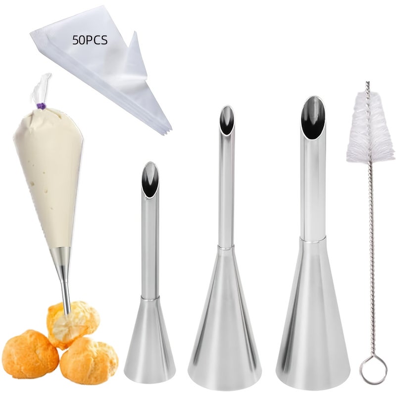 Cream Filling Nozzle Kit 3 Long Nozzles 50 Disposable Bags - Image 1