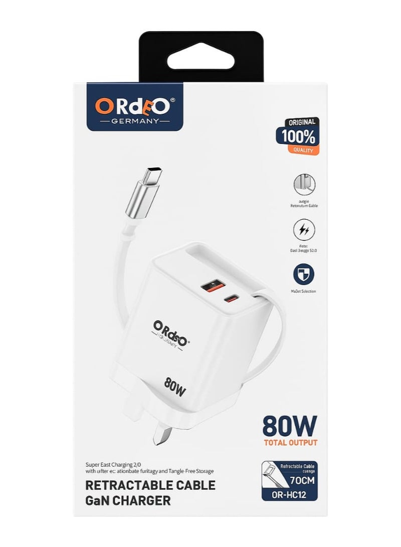 ORdEo 80W GaN Fast Charger with Retractable USB-C Cable & Dual Ports | Super Fast Charging 2.0 | Compact Wall Adapter - Image 2