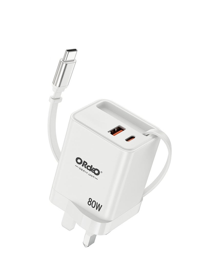 ORdEo 80W GaN Fast Charger with Retractable USB-C Cable & Dual Ports | Super Fast Charging 2.0 | Compact Wall Adapter - Image 1