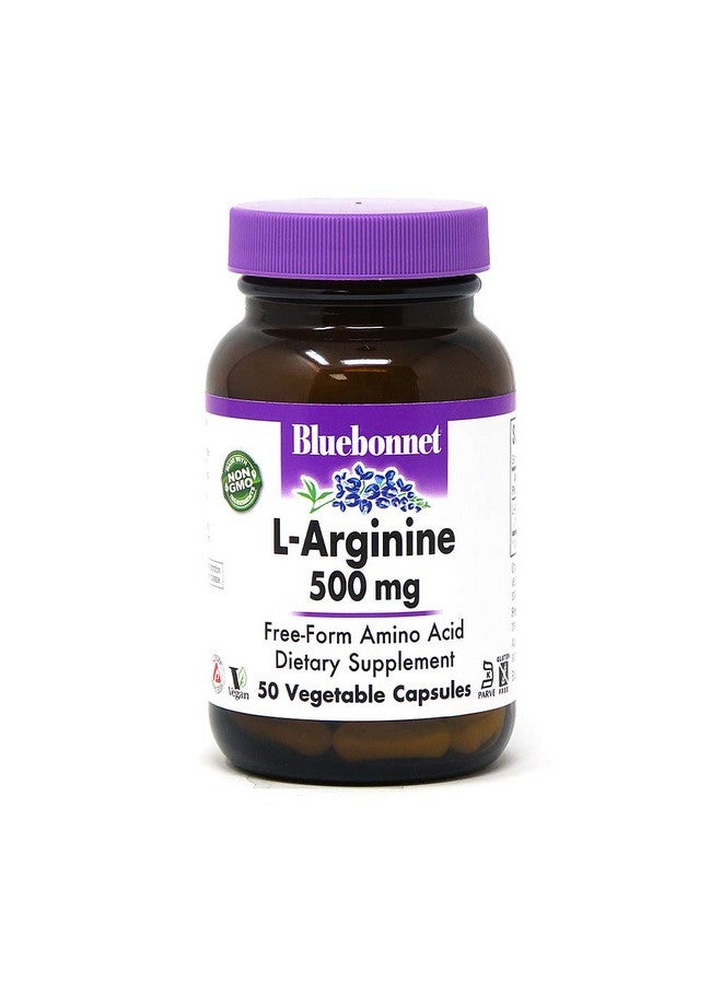 Bluebonnet ل-أرجينين 500 ملغ شكل حر من الأحماض الأمينية سلف أكسيد النيتريك خالي من الصويا خالي من الجلوتين غير معدل وراثيًا معتمد كوشير 50 كبسولة نباتية 50 حصة - Image 1