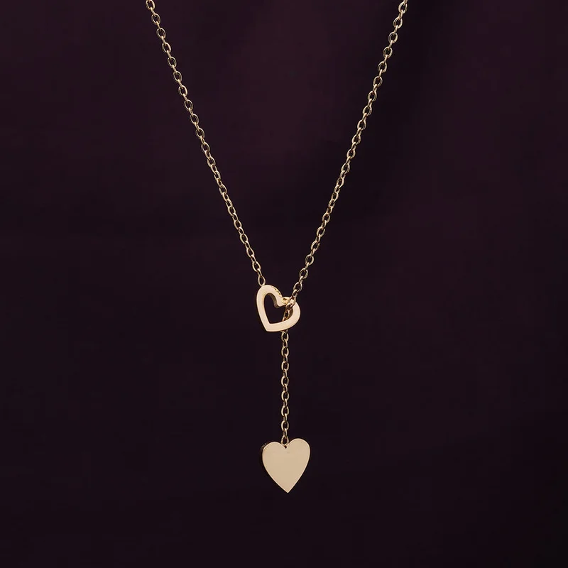 Palmonas  18K Gold Tone Plated Two Heart Gold Lariat Necklace For Women - Waterproof & Anti-Tarnish for Women | Best Price UAE