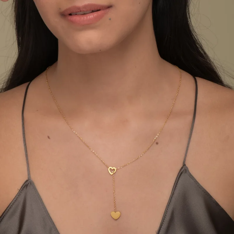 Palmonas  18K Gold Tone Plated Two Heart Gold Lariat Necklace For Women - Waterproof & Anti-Tarnish for Women | Best Price UAE