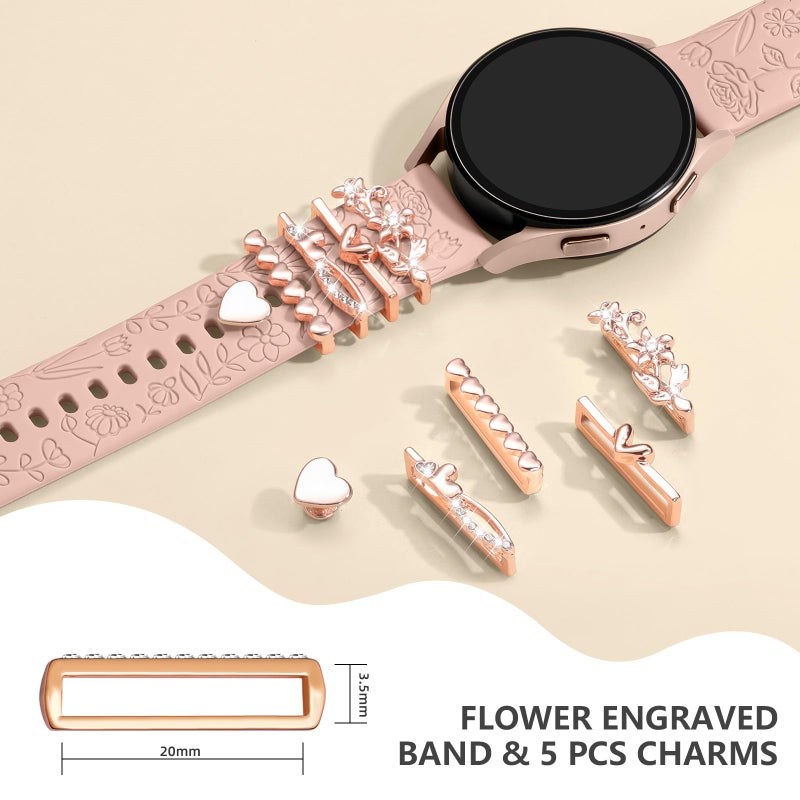 DaQin Flower Engraved Band Compatible with Samsung Galaxy Watch 7 Band/FE 6 5 4 40mm 44mm,Galaxy Active 2, 20mm Watch Band Soft Silicone Replacement Strap with Decorative Charms Accessories Women - Image 5