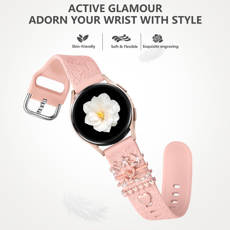 DaQin Flower Engraved Band Compatible with Samsung Galaxy Watch 7 Band/FE 6 5 4 40mm 44mm,Galaxy Active 2, 20mm Watch Band Soft Silicone Replacement Strap with Decorative Charms Accessories Women - Image 3
