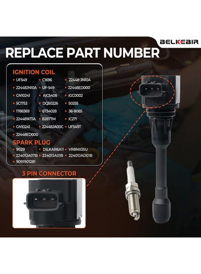 BELKEBIR 4PCS Ignition Coil Packs & Iridium Spark Plugs Compatible with 2005-2019 Nissan Altima Cube Rogue Sentra NP300 Versa NV200, Infiniti FX50 M56 Q70 QX60 QX70 1.6L 1.8L 2.0L 2.5L L4 Replace UF549 C1696 - Image 3