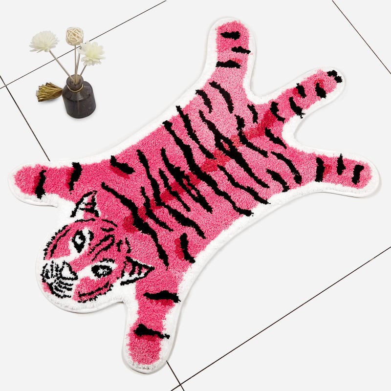 Seek4comfortable Tiger Shaped Rug Bath Mat Pink Tiger Bathroom Rug Non-Slip Door Mat Animals Printed Area Rug Carpet Small Home Decor Mat Playmat Bathroom Shower Rugs  33.5X21.6Inch - Image 1