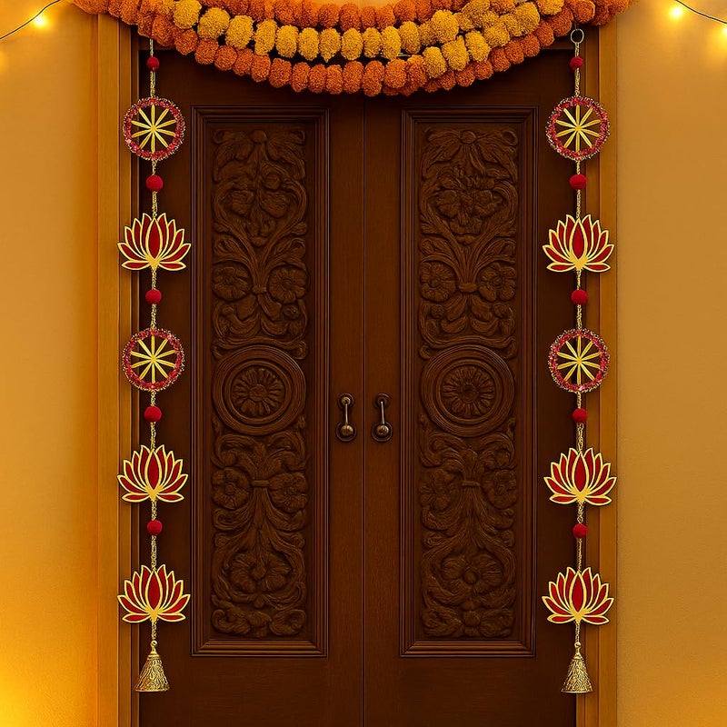 True Decor 2PC Wall Door Hanging Lotus Toran with Bells Main Door Entrance Pooja Room Temple Wedding Festival Decor - Diwali Decoration Items for Home Dcor - Image 5