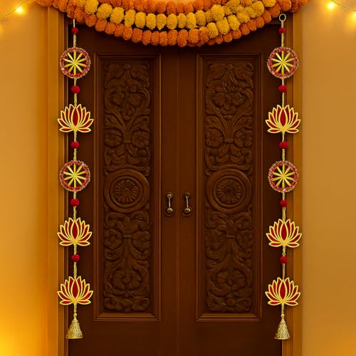 True Decor 2PC Wall Door Hanging Lotus Toran with Bells Main Door Entrance Pooja Room Temple Wedding Festival Decor - Diwali Decoration Items for Home Dcor - Image 1