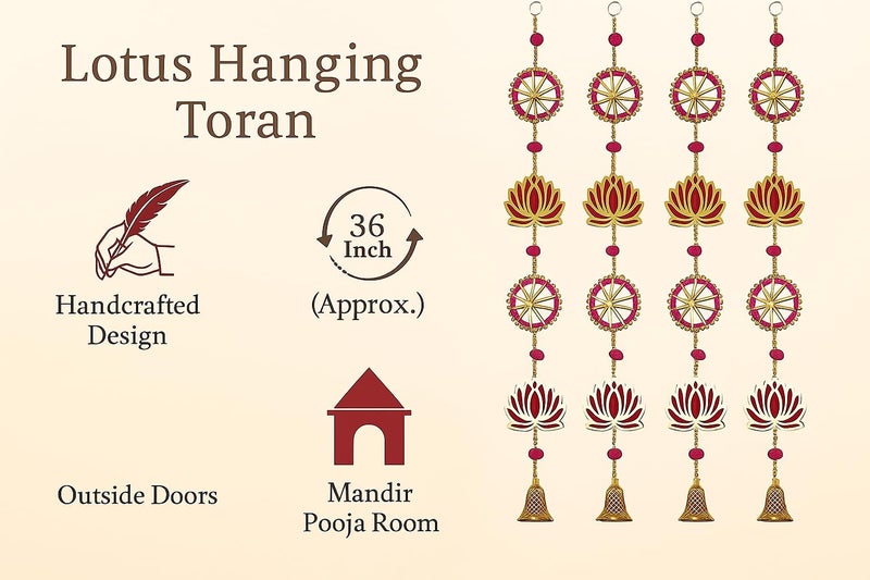 True Decor 2PC Wall Door Hanging Lotus Toran with Bells Main Door Entrance Pooja Room Temple Wedding Festival Decor - Diwali Decoration Items for Home Dcor - Image 2