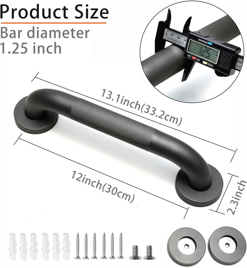 Rackickyer Shower Grab Bar, 2 Pack 12 Inch Gray Bathroom Grab Bar, 1.25" Diameter 304 Stainless Steel Anti-Slip Grab Bars for Bathtubs and Showers, Handicap Shower Grab Bar for Seniors Elderly - Image 2