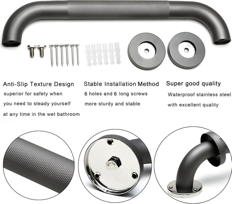 Rackickyer Shower Grab Bar, 2 Pack 12 Inch Gray Bathroom Grab Bar, 1.25" Diameter 304 Stainless Steel Anti-Slip Grab Bars for Bathtubs and Showers, Handicap Shower Grab Bar for Seniors Elderly - Image 3