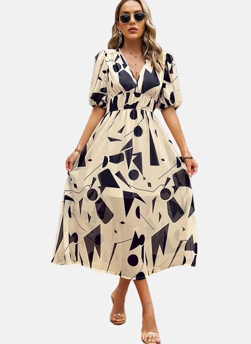 يونيكي Abstract Print Puff Sleeve Chiffon A-Line V-Neck Midi Dress
