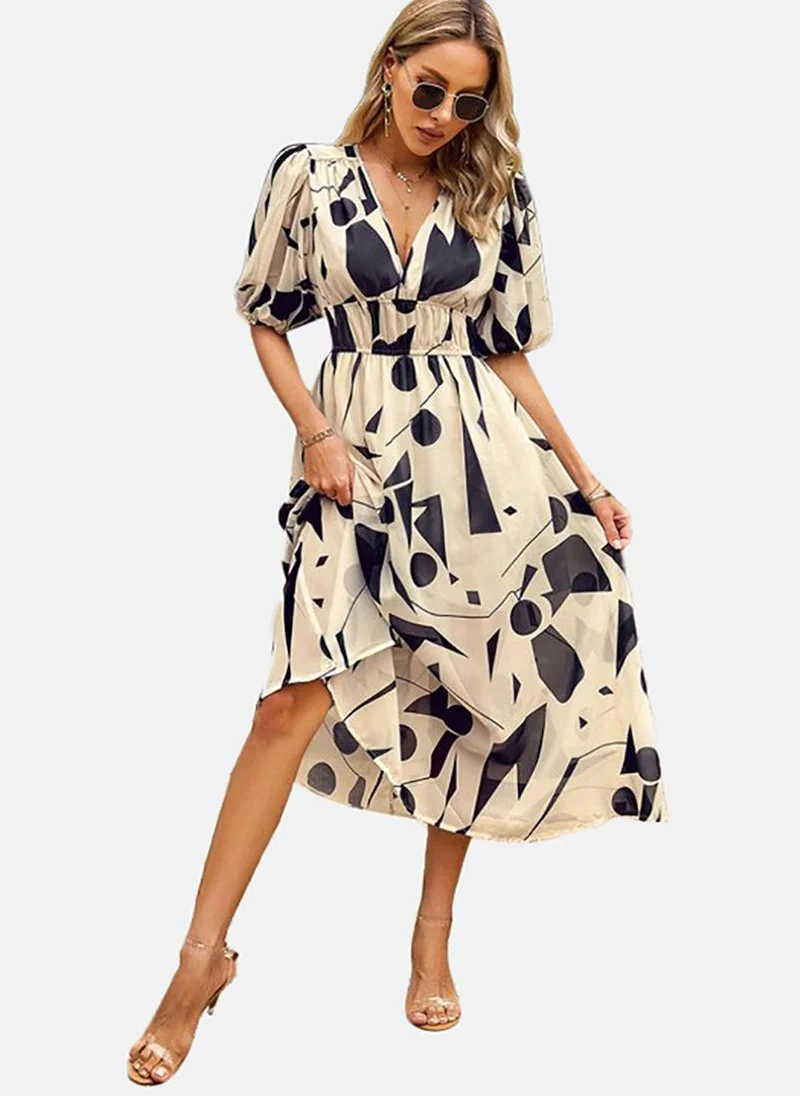 يونيكي Abstract Print Puff Sleeve Chiffon A-Line V-Neck Midi Dress