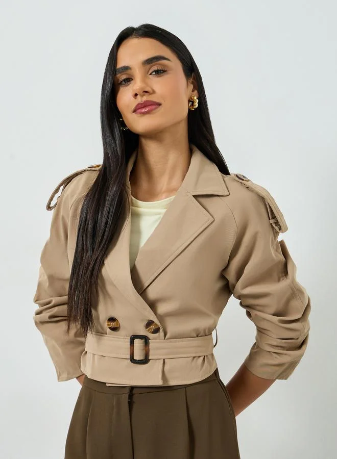 تايك تو Women's Solid Double-breasted Belted Short windbreaker jacket
