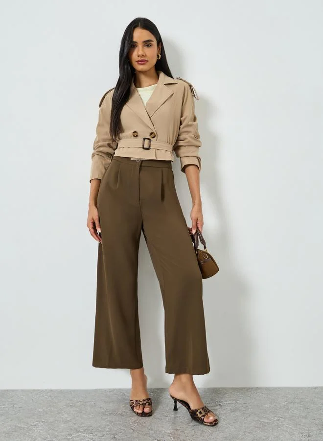 تايك تو Women's Solid Double-breasted Belted Short windbreaker jacket