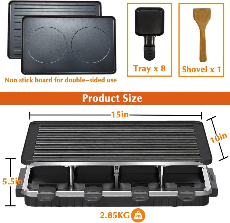 ANTRAN Indoor Grill Table Smokeless Portable Griddle Raclette Grill Nonstick with 8 Cheese Maker Pans Temperature Control & Dishwasher Safe 1300W Ideal for Parties and Family Fun - Image 2