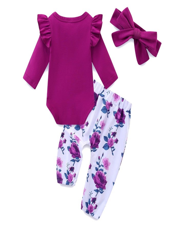 Bibimom Baby Girls's Clothing 6-9 Month Infant Outfit Cute Romper Purple Flower Pant Sets Spring Summer with Bow Headband - Image 2