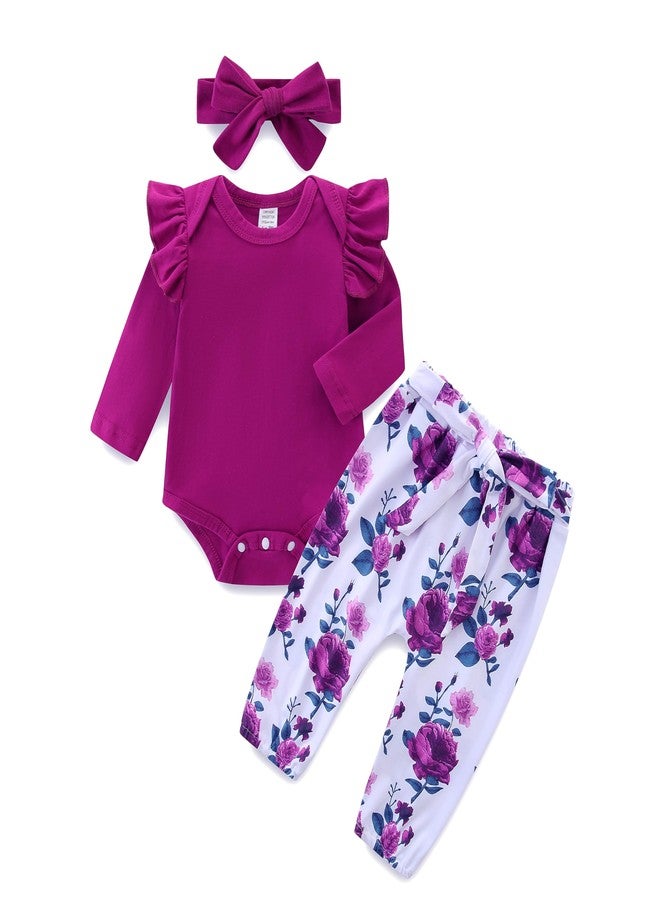 Bibimom Baby Girls's Clothing 6-9 Month Infant Outfit Cute Romper Purple Flower Pant Sets Spring Summer with Bow Headband - Image 1