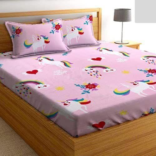 OZZARRO - 100% Cotton Single Bedsheet with 1 Pillow Covers - (Pink Unicorn Print Single Bed 90"×60")