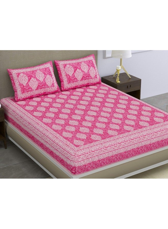 SheetKart 144 TC Cotton Printed Jaipuri Double Bedsheet with 2 Pillow Covers, Pink - Image 1