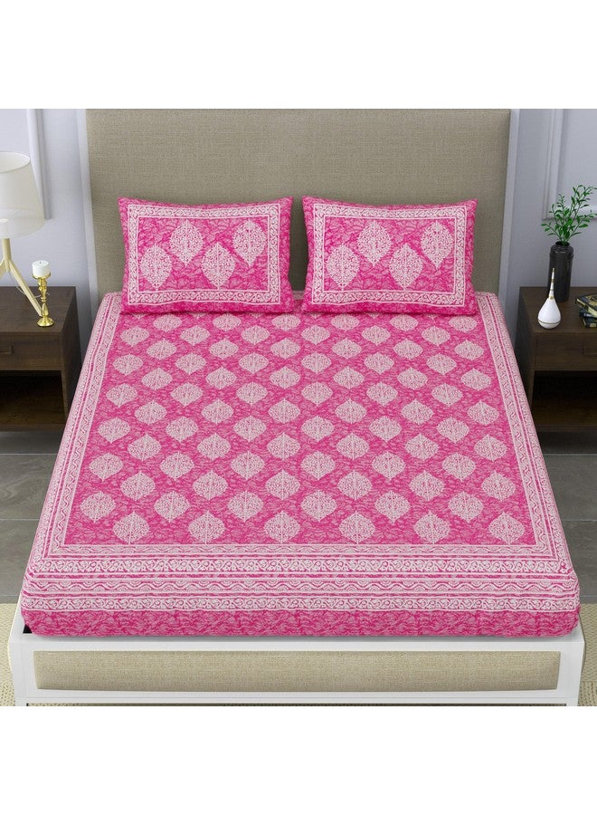 SheetKart 144 TC Cotton Printed Jaipuri Double Bedsheet with 2 Pillow Covers, Pink - Image 2