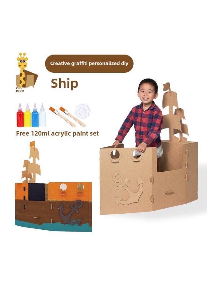 إسكدنيا كرتون جرافيتي سيارة سفينة قطار إشارة مرور رياض الأطفال يمكن ارتداؤها من الورق المقوى لصنع منزل القلعة - اللون: سفينة جرافيتي (120 مل من الطلاء متضمنة) - Image 5