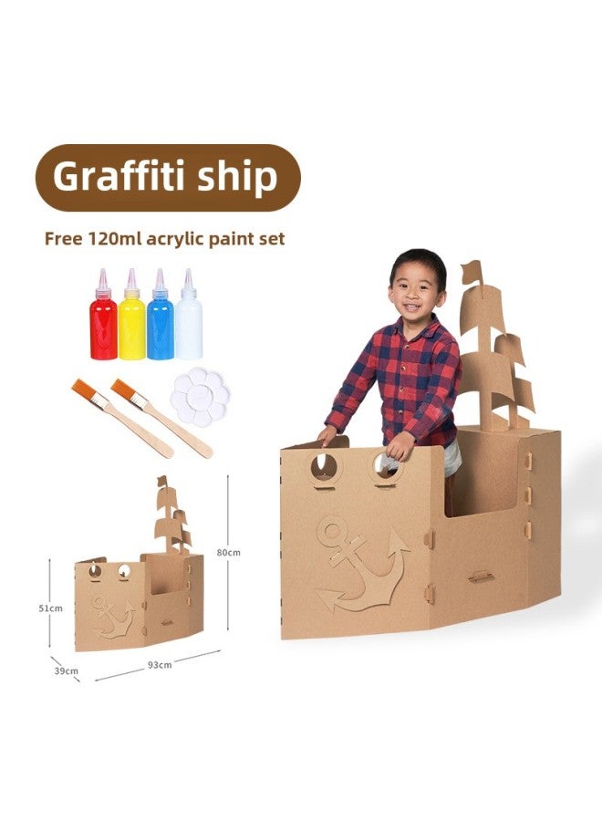 إسكدنيا كرتون جرافيتي سيارة سفينة قطار إشارة مرور رياض الأطفال يمكن ارتداؤها من الورق المقوى لصنع منزل القلعة - اللون: سفينة جرافيتي (120 مل من الطلاء متضمنة) - Image 1